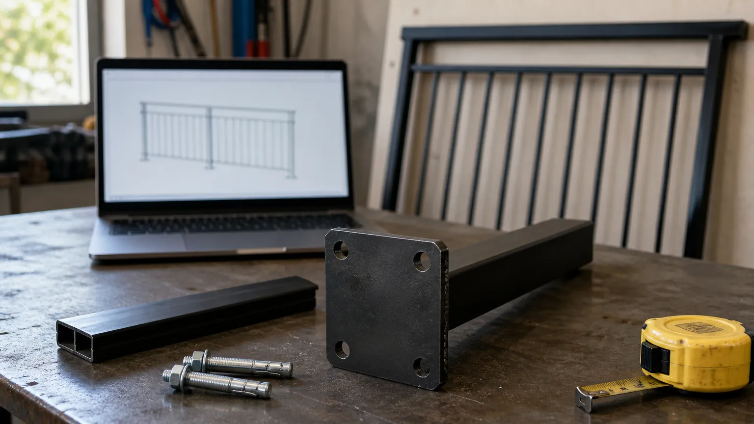 A laptop with a blurred balustrade drawing on a fabricator's desk, next to a short offcut of black aluminium top rail and a base plate