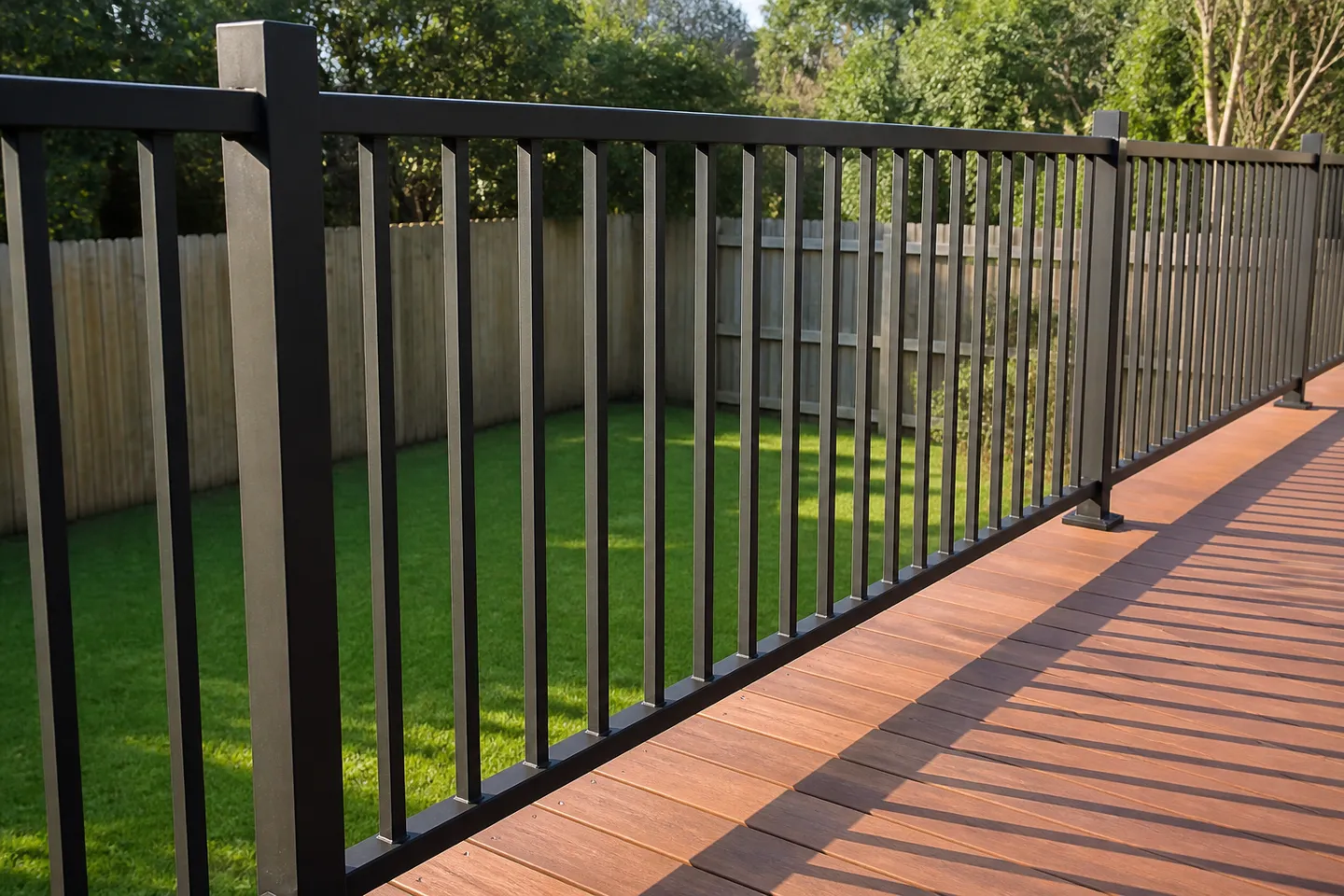 A black aluminium picket balustrade with a flat top rail along the edge of a timber deck