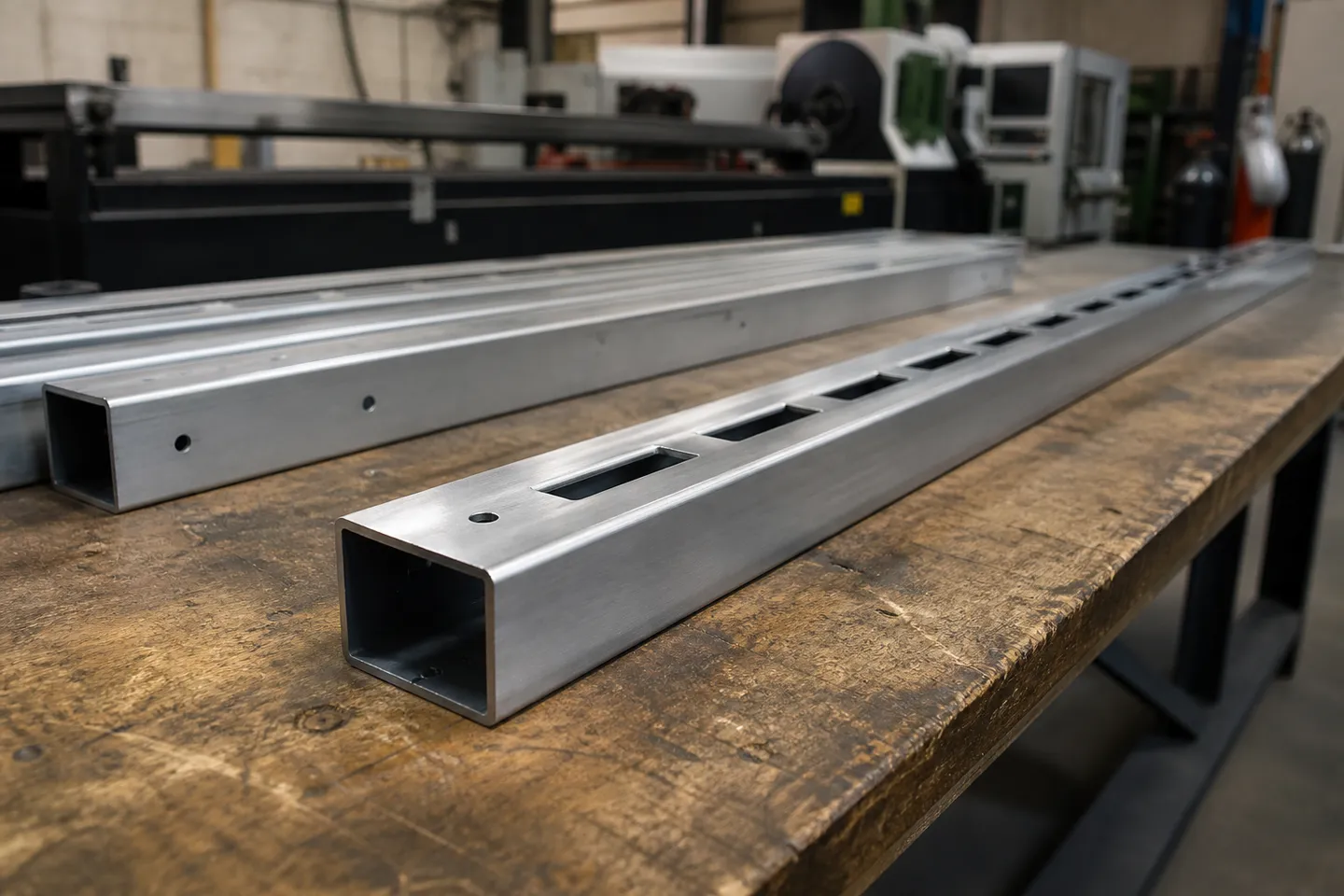A length of square aluminium tube with laser-cut slots and round holes along one face, resting on a workshop bench