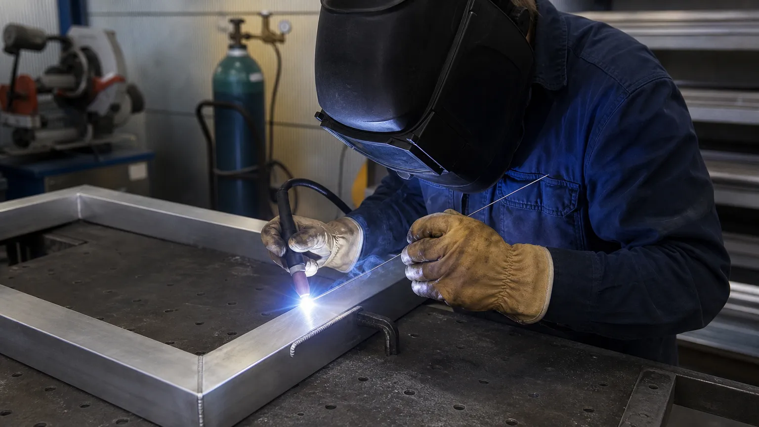 A fabricator in a welding helmet TIG welding the corner of a black aluminium gate frame on a workshop table, a bright arc lighting the joint