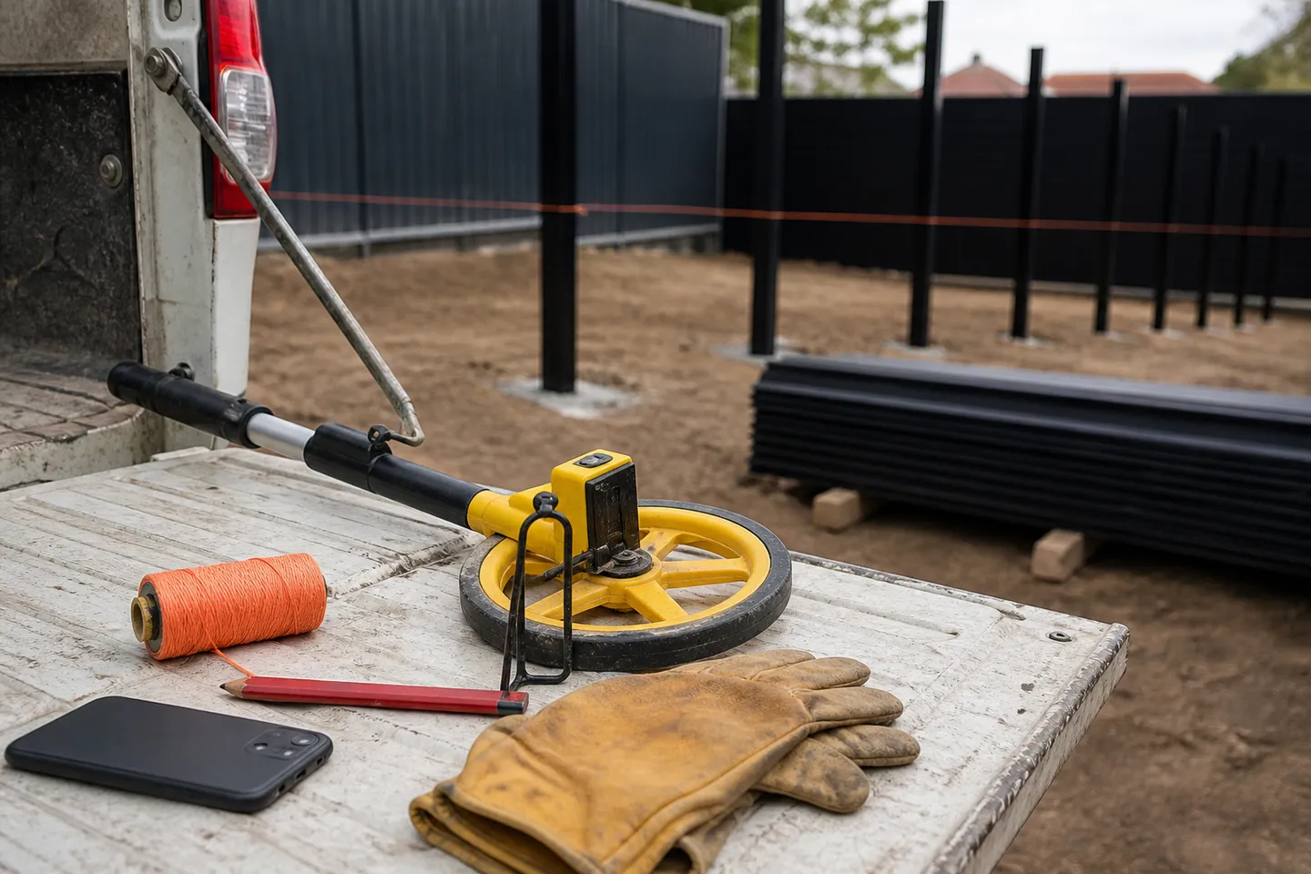 A phone resting on a ute tailgate beside a measuring wheel, with a string line and new aluminium slat fence posts in the background