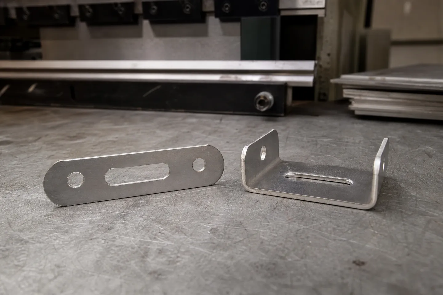 A flat laser-cut aluminium bracket beside the same bracket folded to shape on a workshop bench