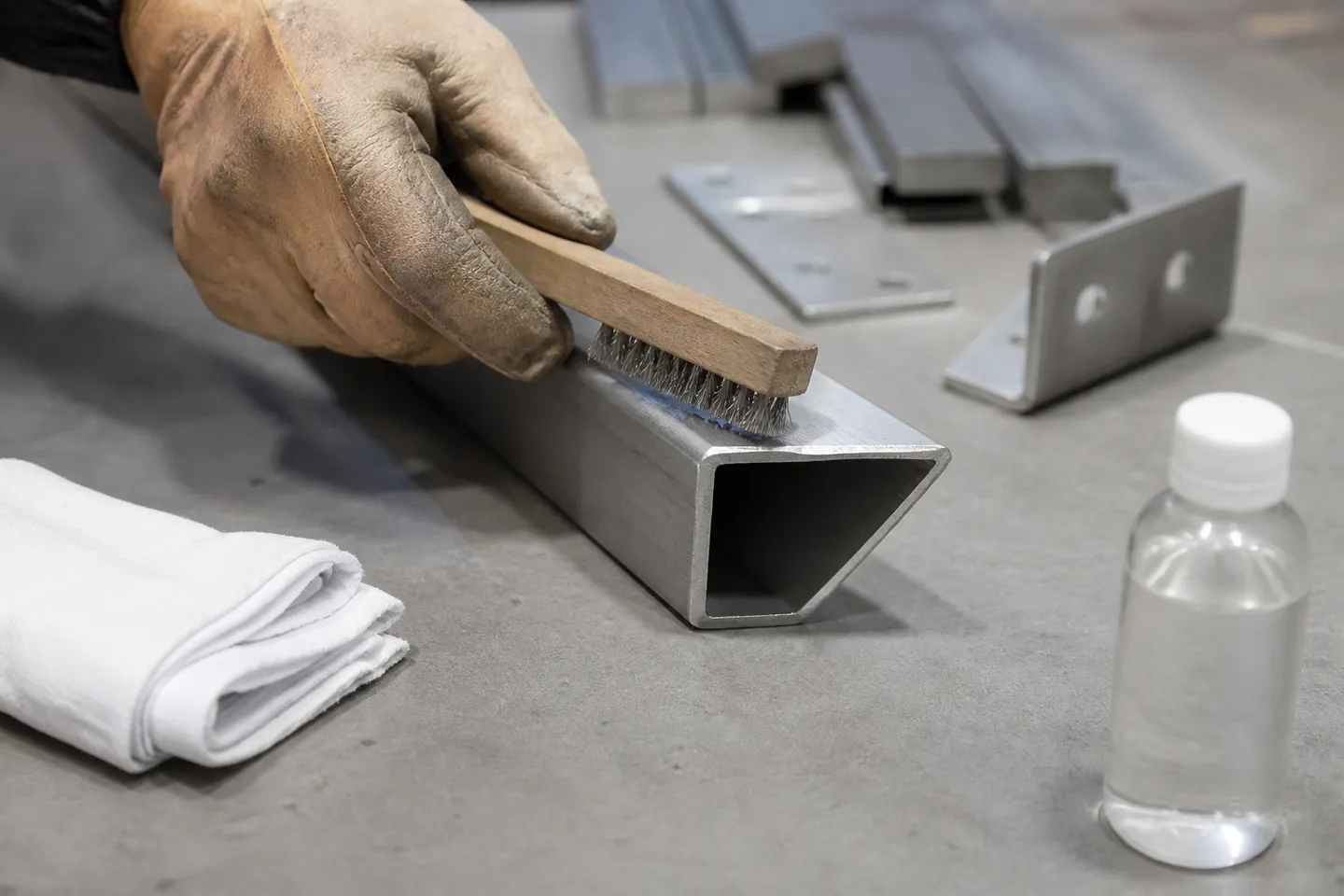 A gloved hand scrubbing the mitred end of an aluminium square tube with a small stainless wire brush on a workbench