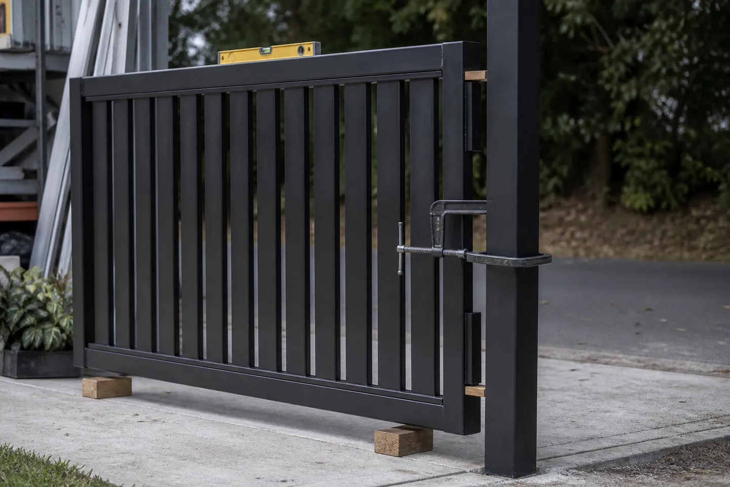 A black powder-coated aluminium battened gate standing on two timber packing blocks beside its square post, with timber wedges in the gap at the hinge side
