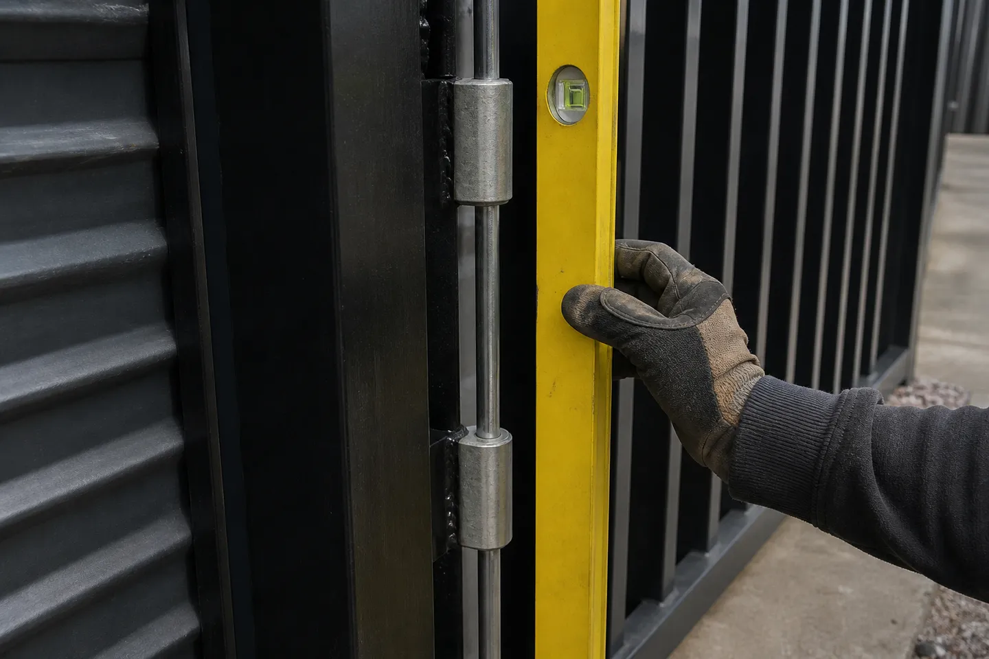 A long straight round bar passing through two weld-on barrel hinges clamped between a square gate post and an aluminium gate stile