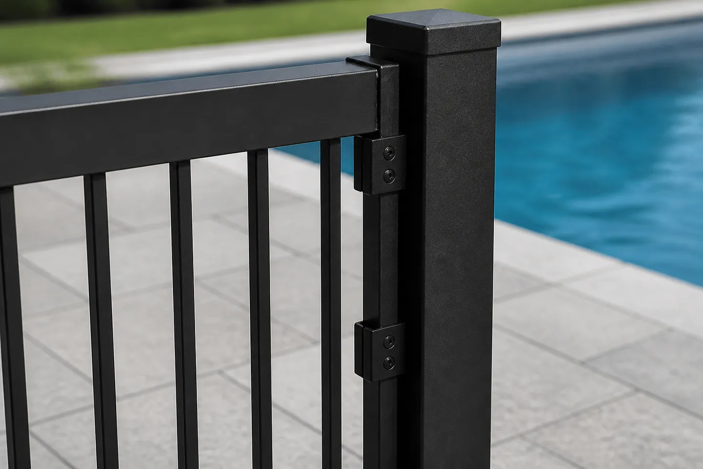 A black aluminium flat-top pool fence panel fixed to a black 50 mm square post with moulded brackets beside a pool