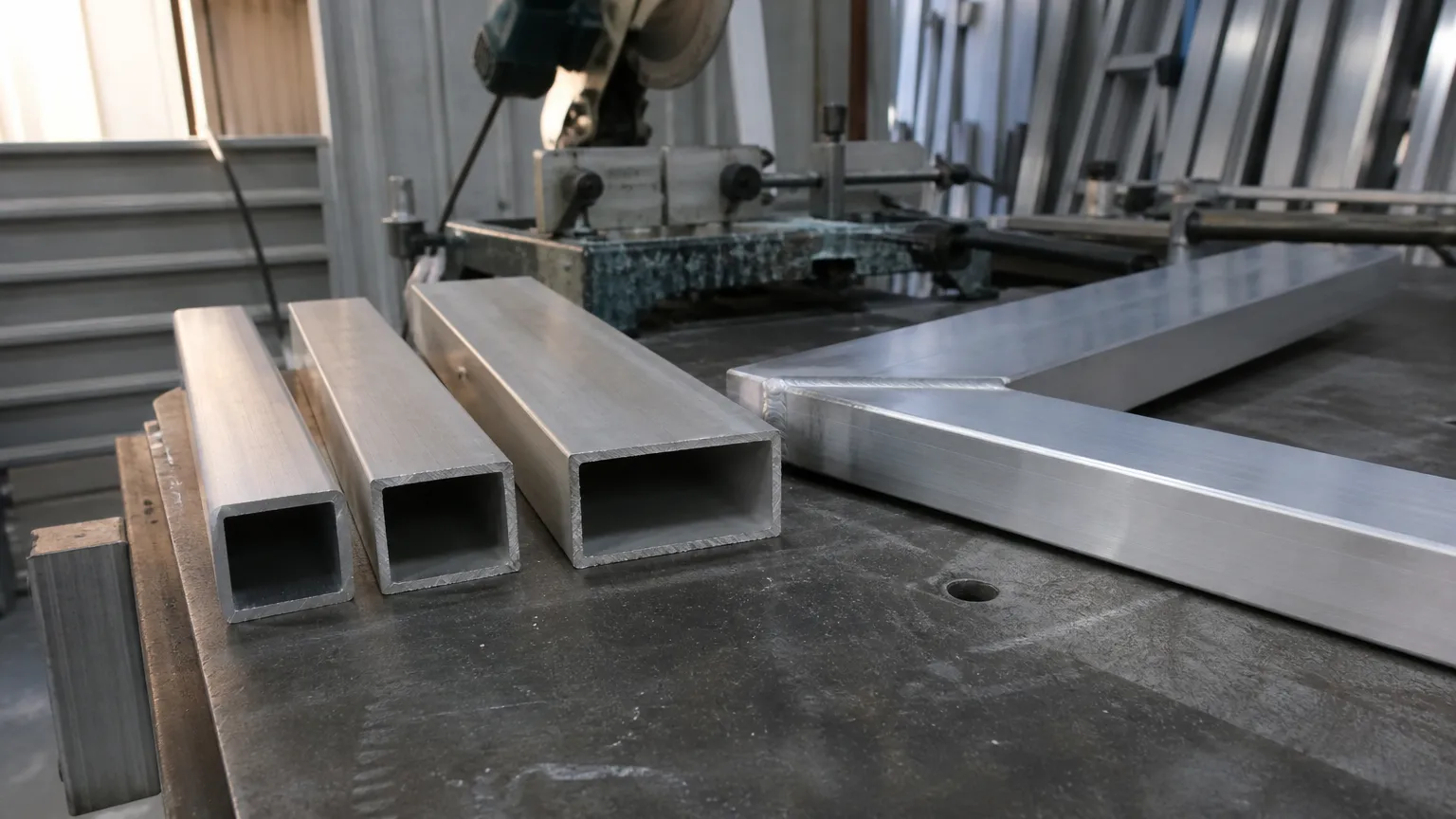 Lengths of aluminium RHS and SHS box section laid side by side on a workshop bench next to a mitred aluminium gate frame corner