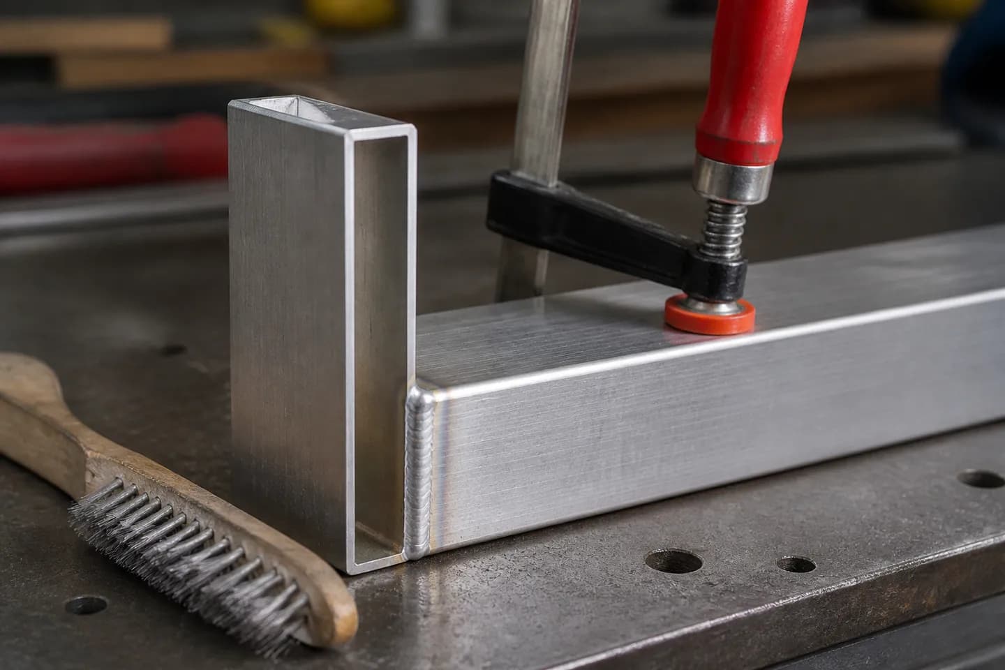 A welded aluminium gate frame corner on a workbench, a 65x35 RHS rail standing on its narrow edge mitred into a square stile