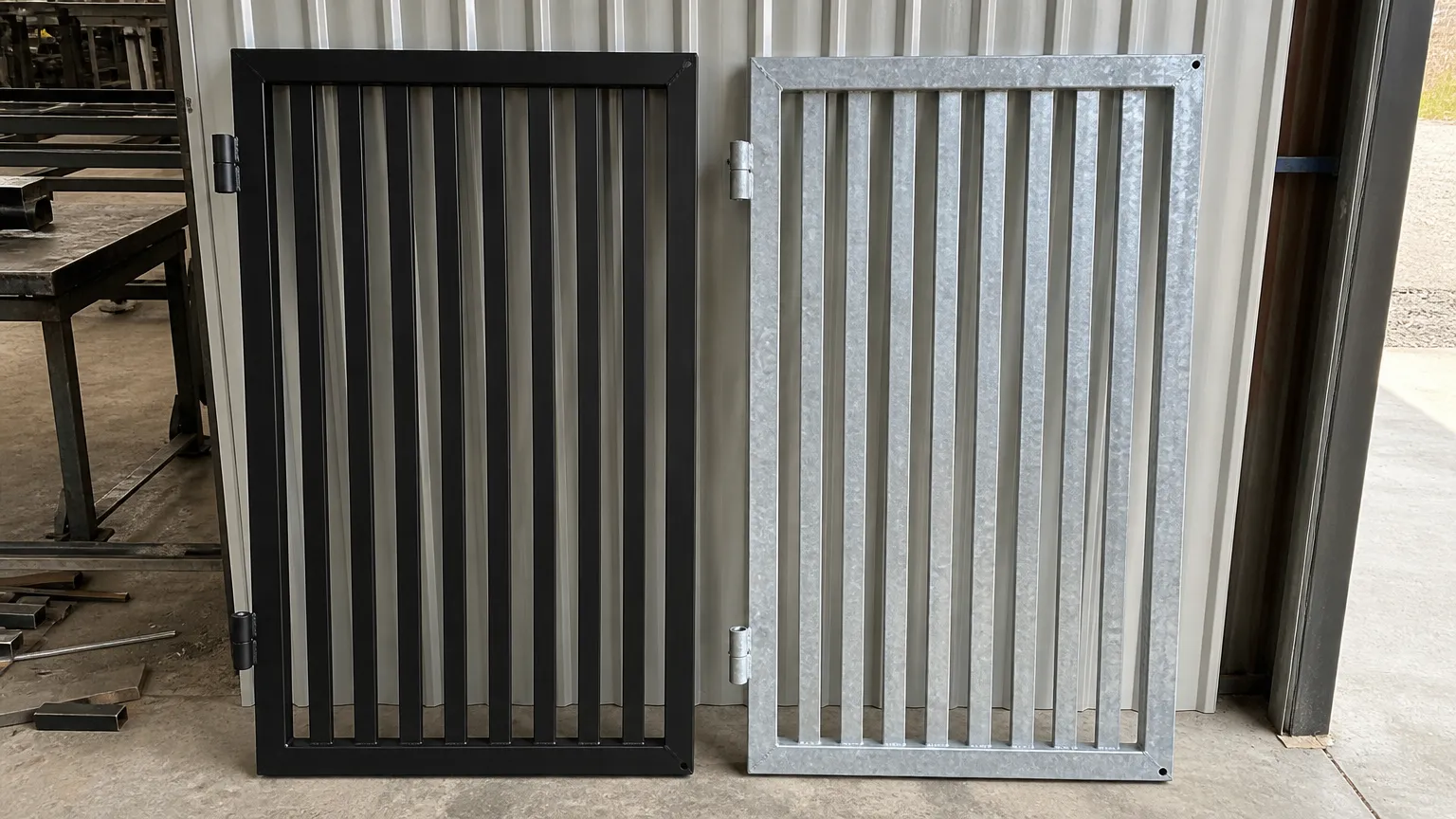 A black powder-coated aluminium battened gate and a grey galvanised metal gate leaning side by side against a workshop wall