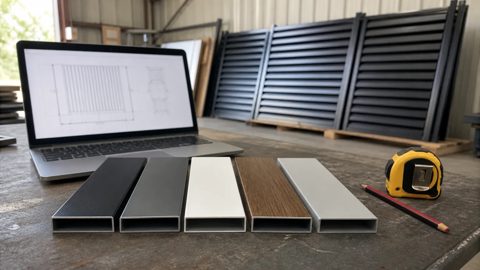 A laptop with a blurred fence panel drawing on a workshop desk, beside sample offcuts of black and grey powder-coated aluminium slats