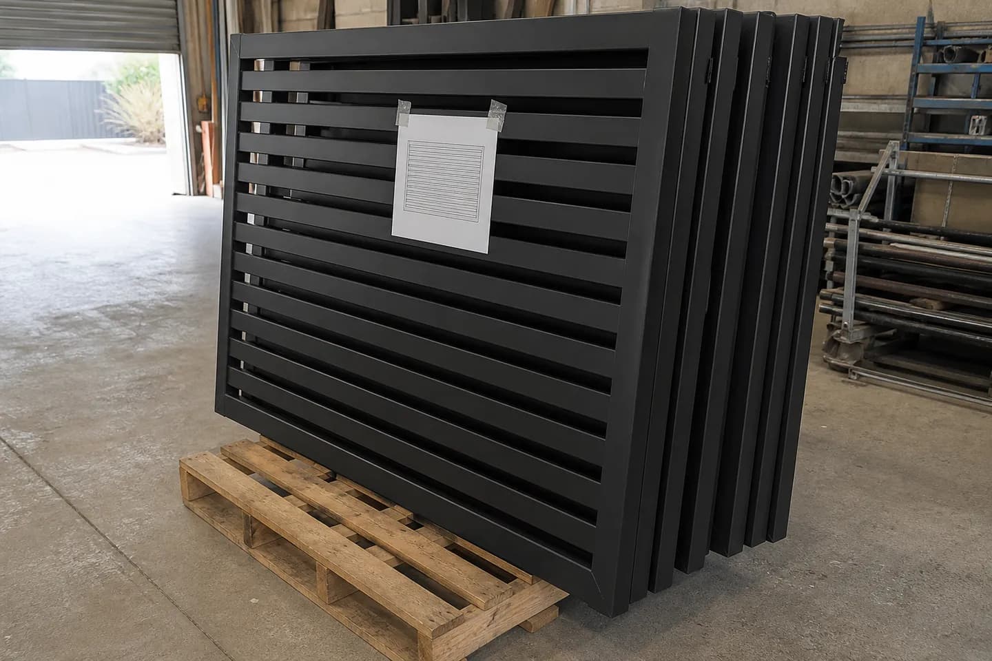 A printed fence panel drawing taped to a stack of black powder-coated aluminium slat fence panels in a workshop