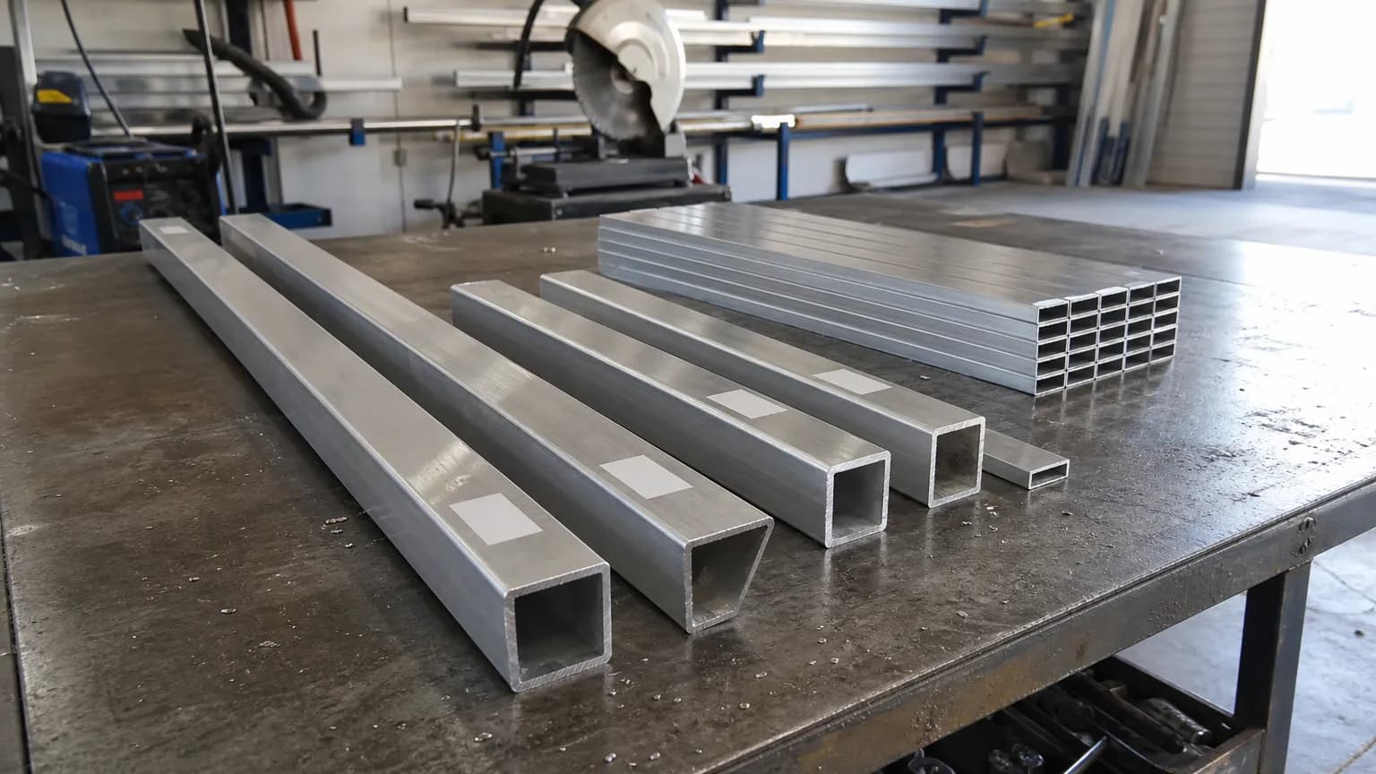 Cut aluminium gate parts laid out on a workshop bench in order: square tube stiles and rails with mitred ends, a shorter mid rail and a stack of battens
