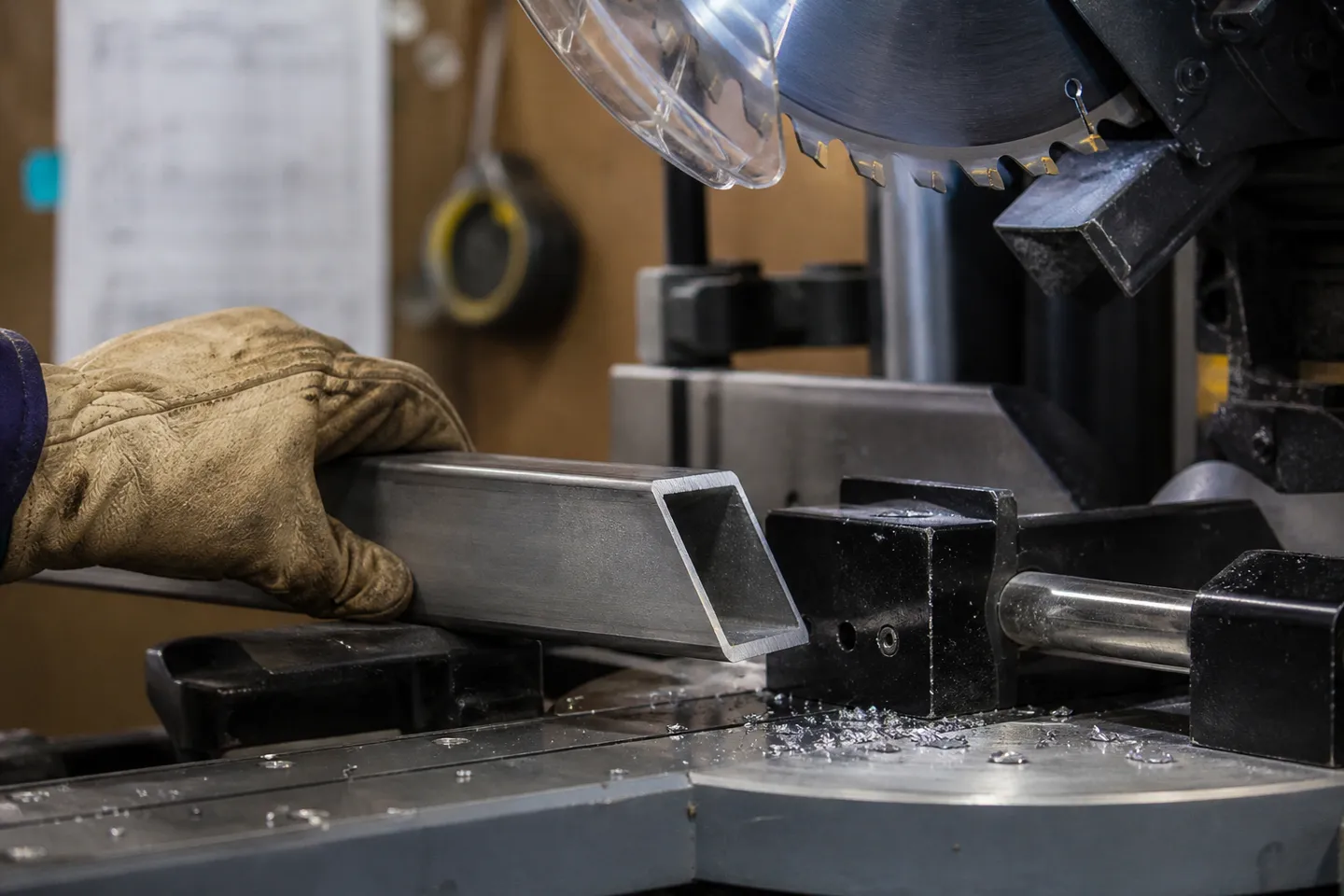A length of square aluminium tube clamped in a drop saw, freshly cut at 45 degrees, with a printed cut list taped to the wall behind
