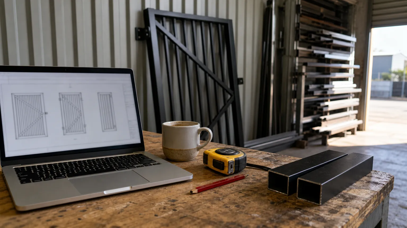 A fabricator's desk in a small workshop with a laptop showing a blurred gate drawing, a tape measure and offcuts of black aluminium tube beside it