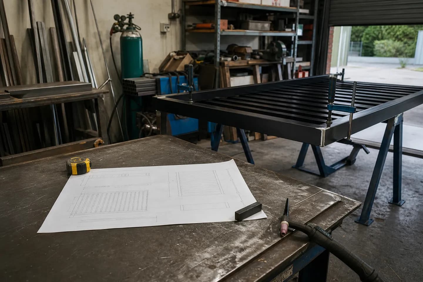 A printed gate drawing held flat on a workbench by a tape measure, beside a black aluminium gate frame clamped on trestles