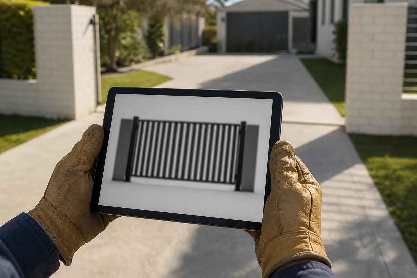 Gloved hands holding a tablet with a blurred gate design on screen, in front of an empty driveway opening between two rendered brick pillars