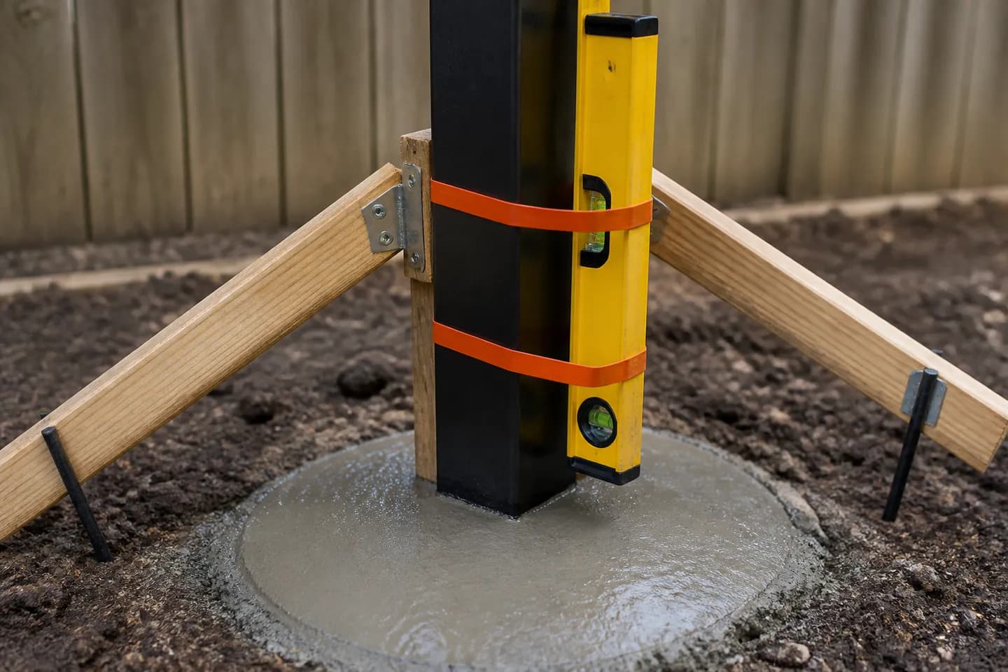 A black square aluminium gate post standing in a freshly poured round concrete footing, held plumb by two timber props, with a spirit level strapped to it