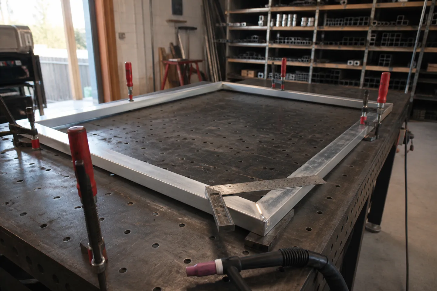 A black aluminium gate frame clamped flat on a welding table in a small workshop, with tack welds at each corner