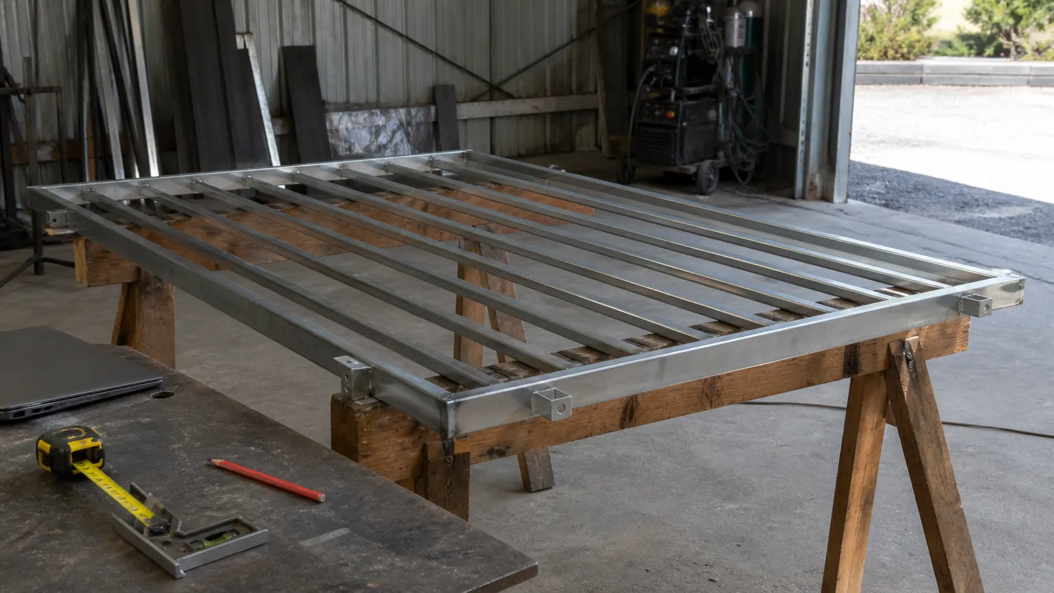 A black aluminium battened gate frame resting on trestles in a small fabrication workshop, with a pencil and a tape measure on the bench beside it