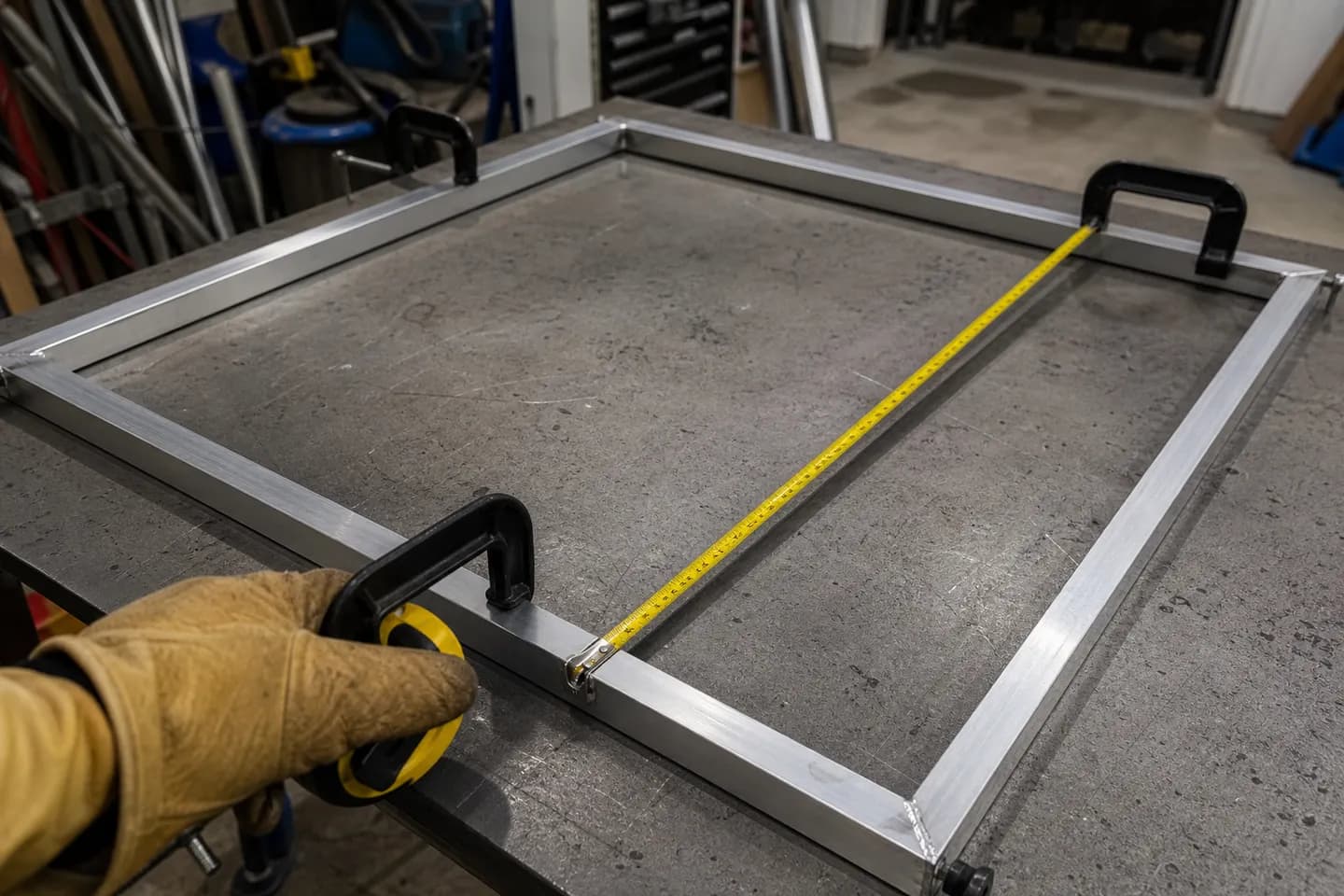 A tape measure stretched corner to corner across an aluminium gate frame clamped flat on a fabrication table