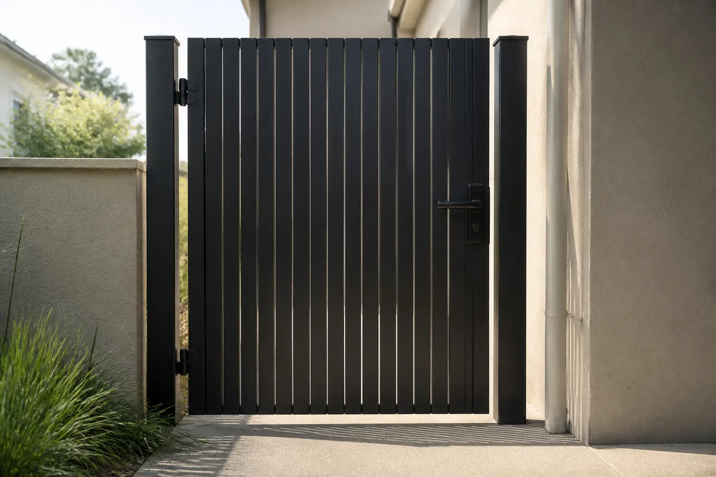 A finished matt black battened aluminium pedestrian gate hung between two black square posts beside a rendered house