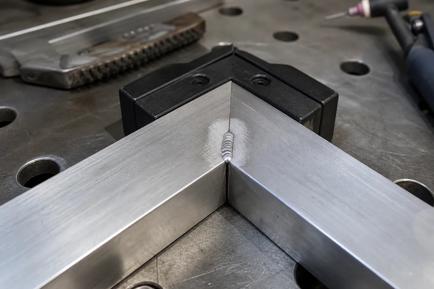 A clamped mitred corner of a silver aluminium square tube gate frame with a fresh bright TIG tack weld