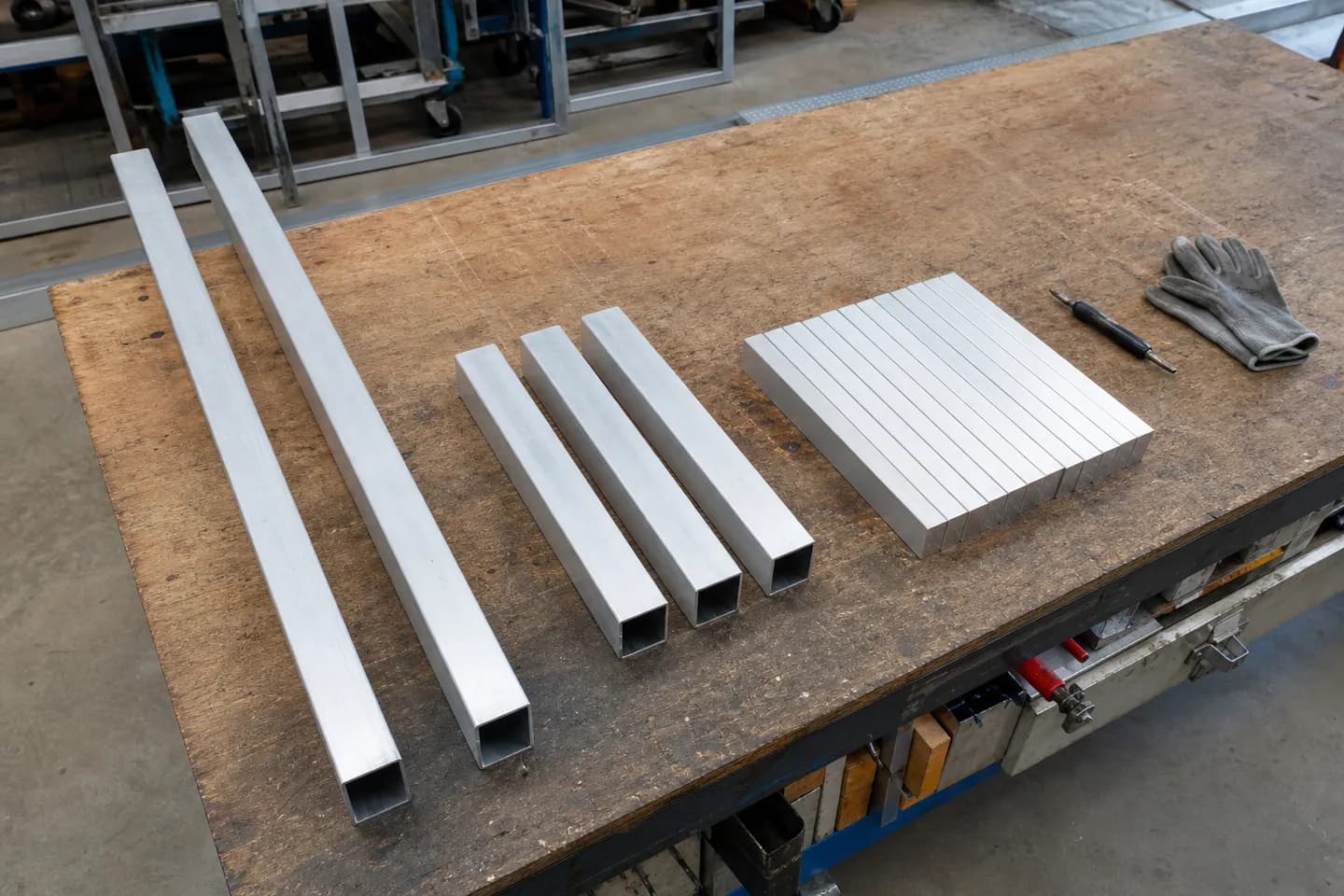Cut lengths of square aluminium tube and flat aluminium battens stacked in neat groups on a timber workbench, ready to weld