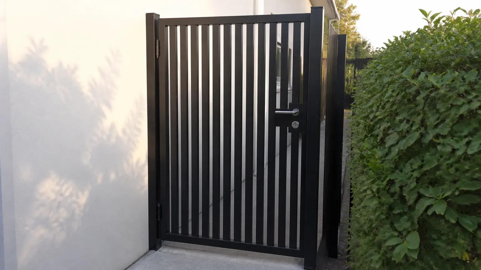 A black aluminium battened pedestrian gate with a lever handle lock in a welded lock box, closed against a square latch post