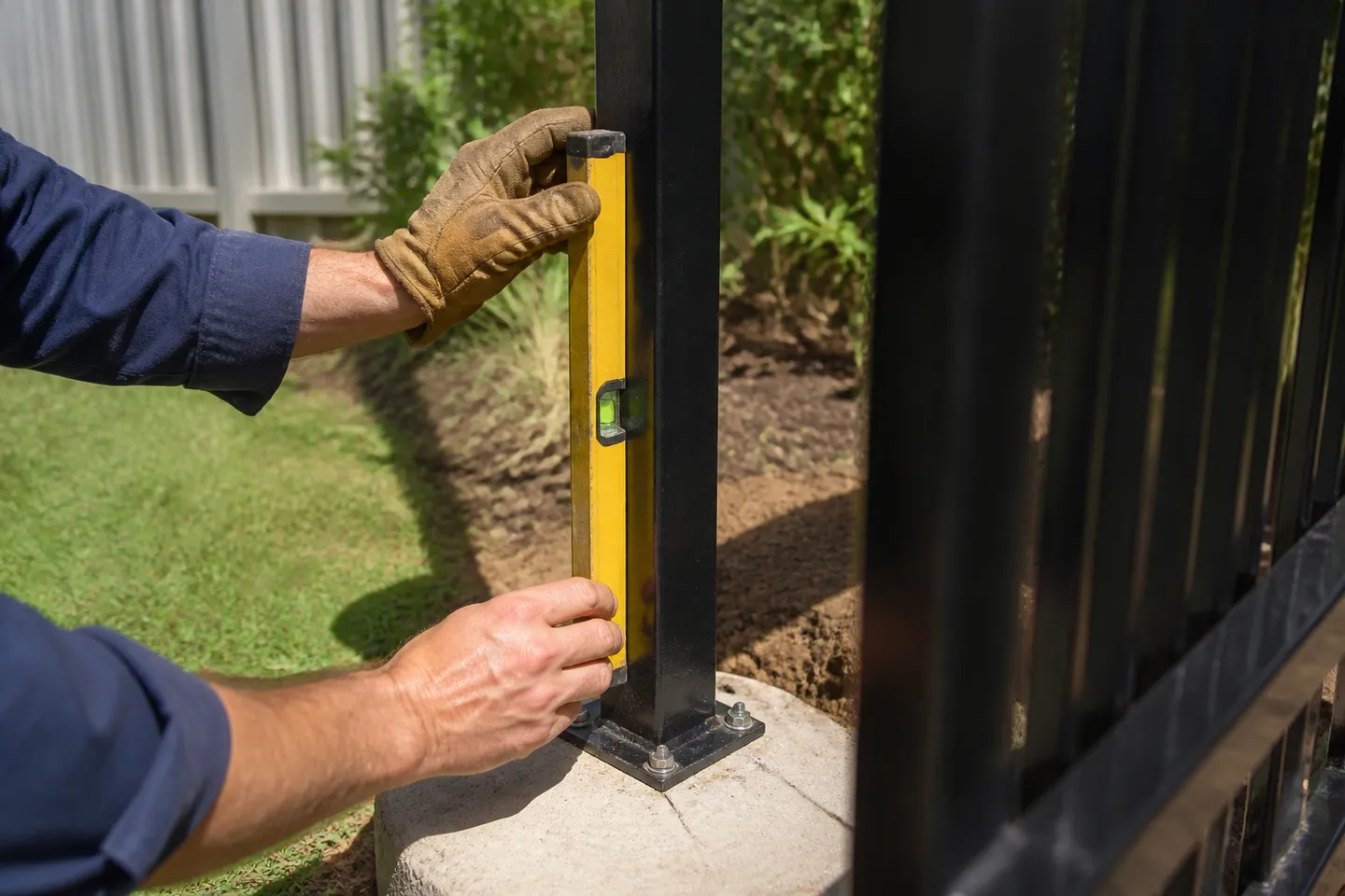 A spirit level held against a black square gate post, its bubble off centre