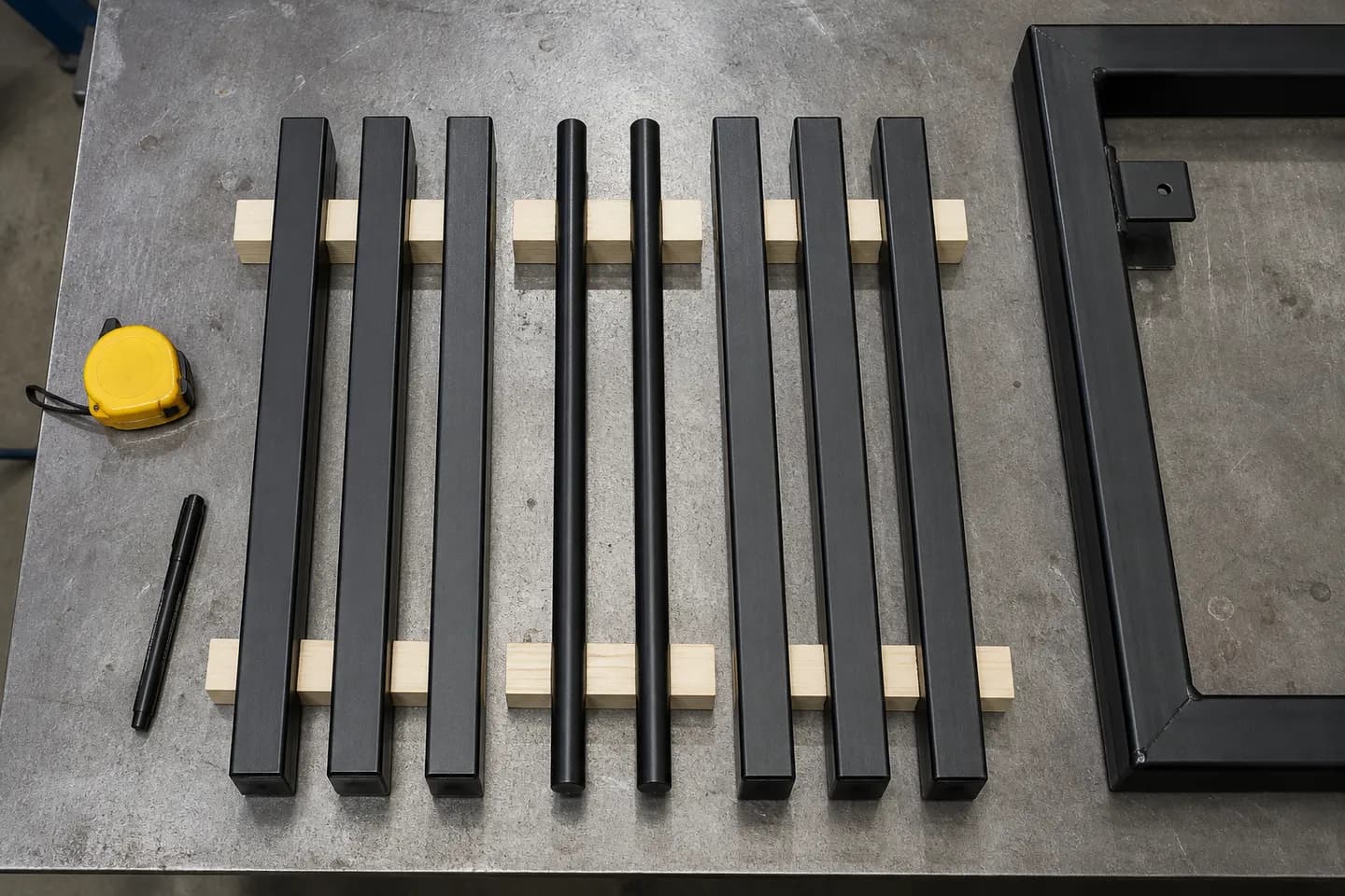 Black aluminium square tube and round bar battens laid out on a workshop bench in a repeating group pattern with timber spacer blocks between them