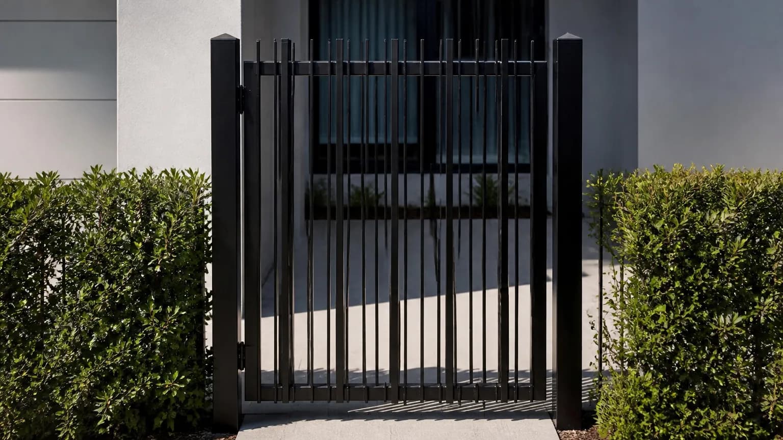 A black aluminium pedestrian gate with a repeating pattern of square tube battens and round bars between black square posts