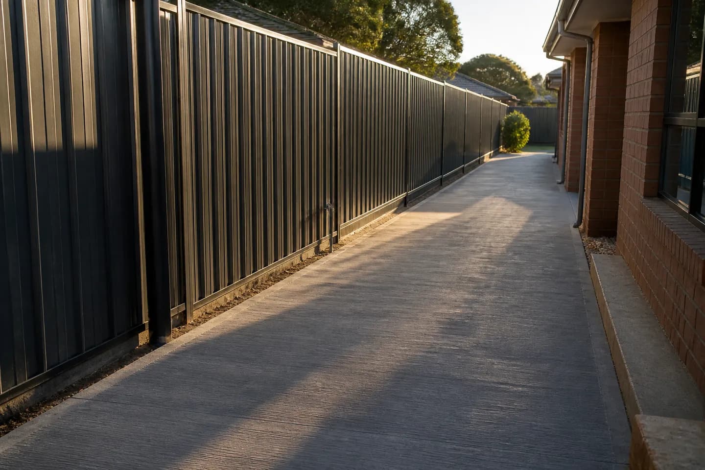 A long, clear strip of concrete driveway beside a dark grey sheet-metal boundary fence where a sliding gate will run