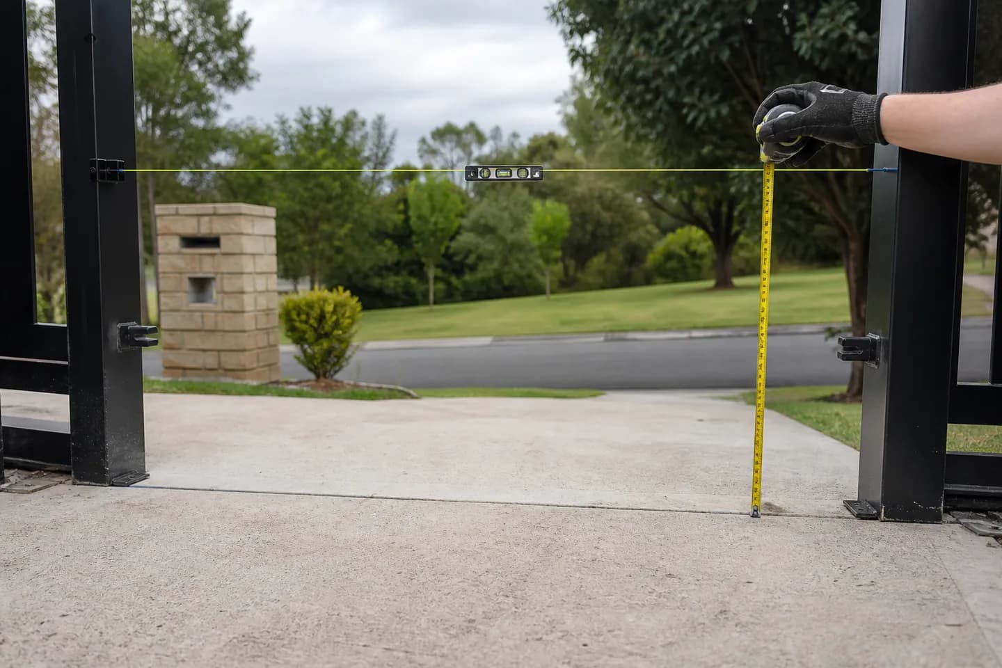 A yellow string line stretched level between two black gate posts above a sloping concrete driveway, with a tape measuring down to the ground