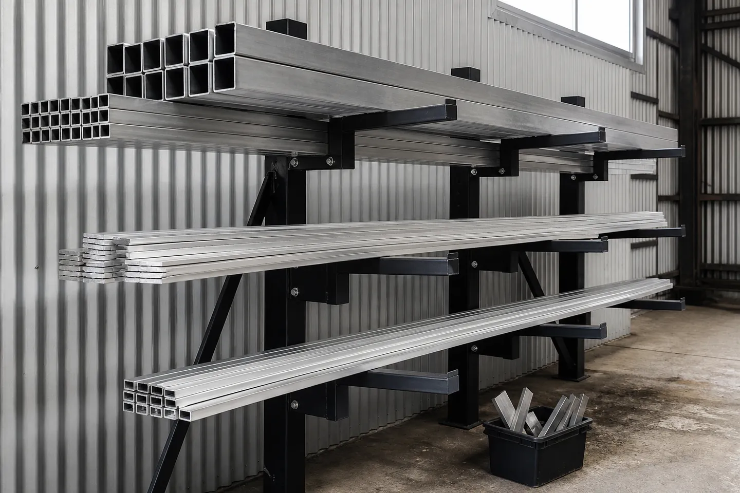 Long lengths of mill-finish aluminium square tube stacked on a cantilever rack in a small fabrication workshop