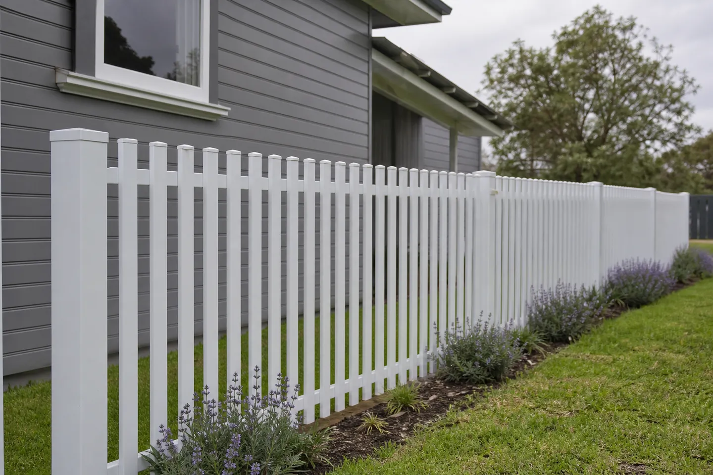 A white powder-coated aluminium picket fence with flat tube pickets and square posts in front of a weatherboard house