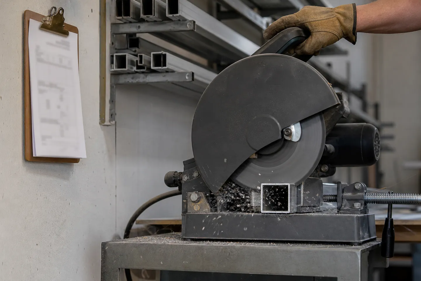 A clipboard of printed drawing sheets hanging beside a drop saw cutting a length of aluminium square tube