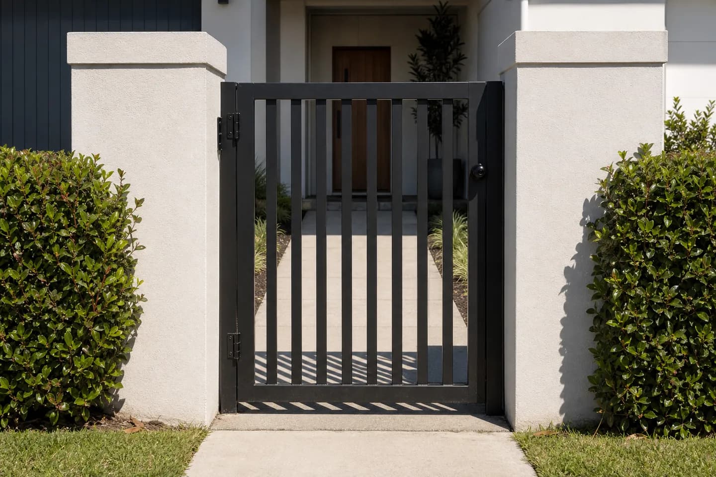 A black powder-coated aluminium battened pedestrian gate installed between two rendered masonry piers at the front of a house