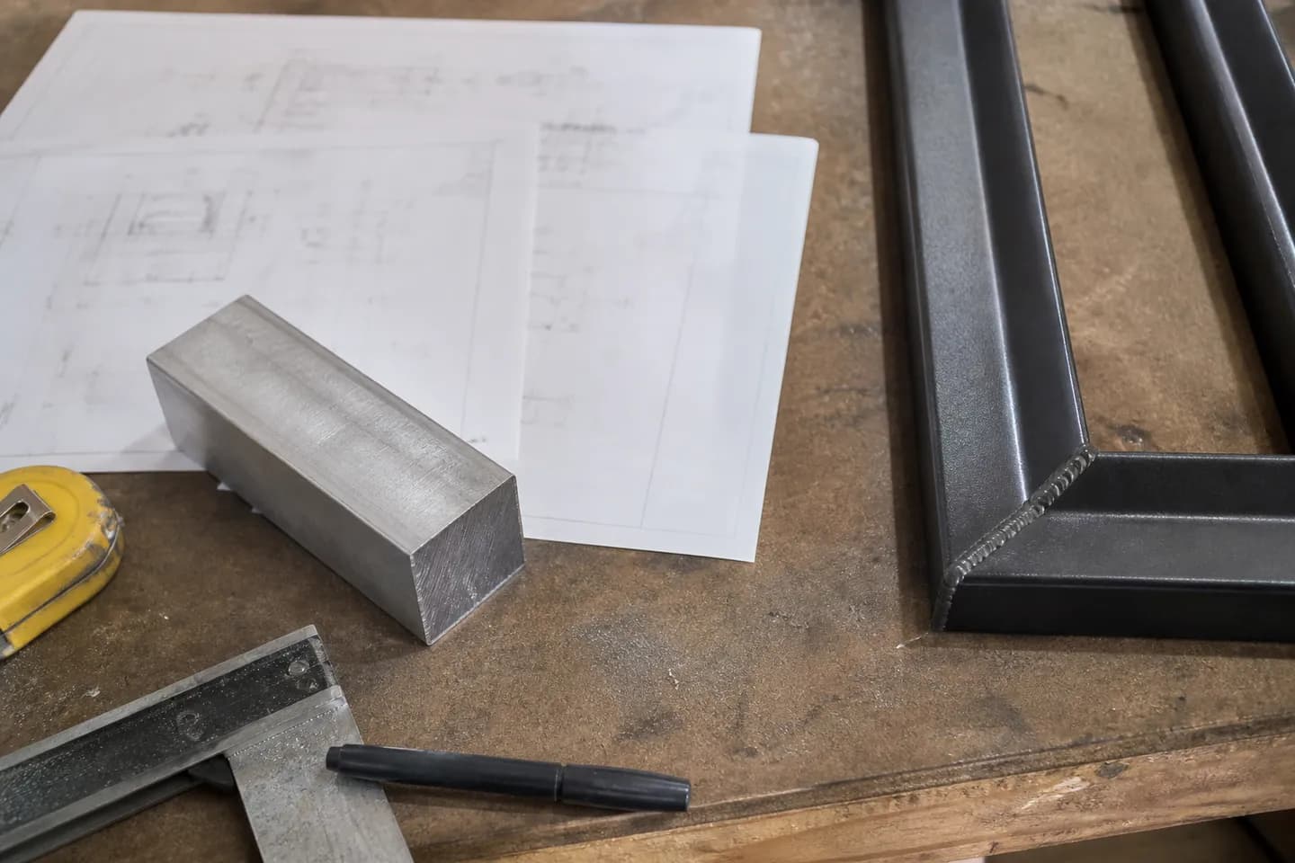 Printed drawing sheets held down by an offcut of square aluminium tube on a workshop bench beside a black gate frame