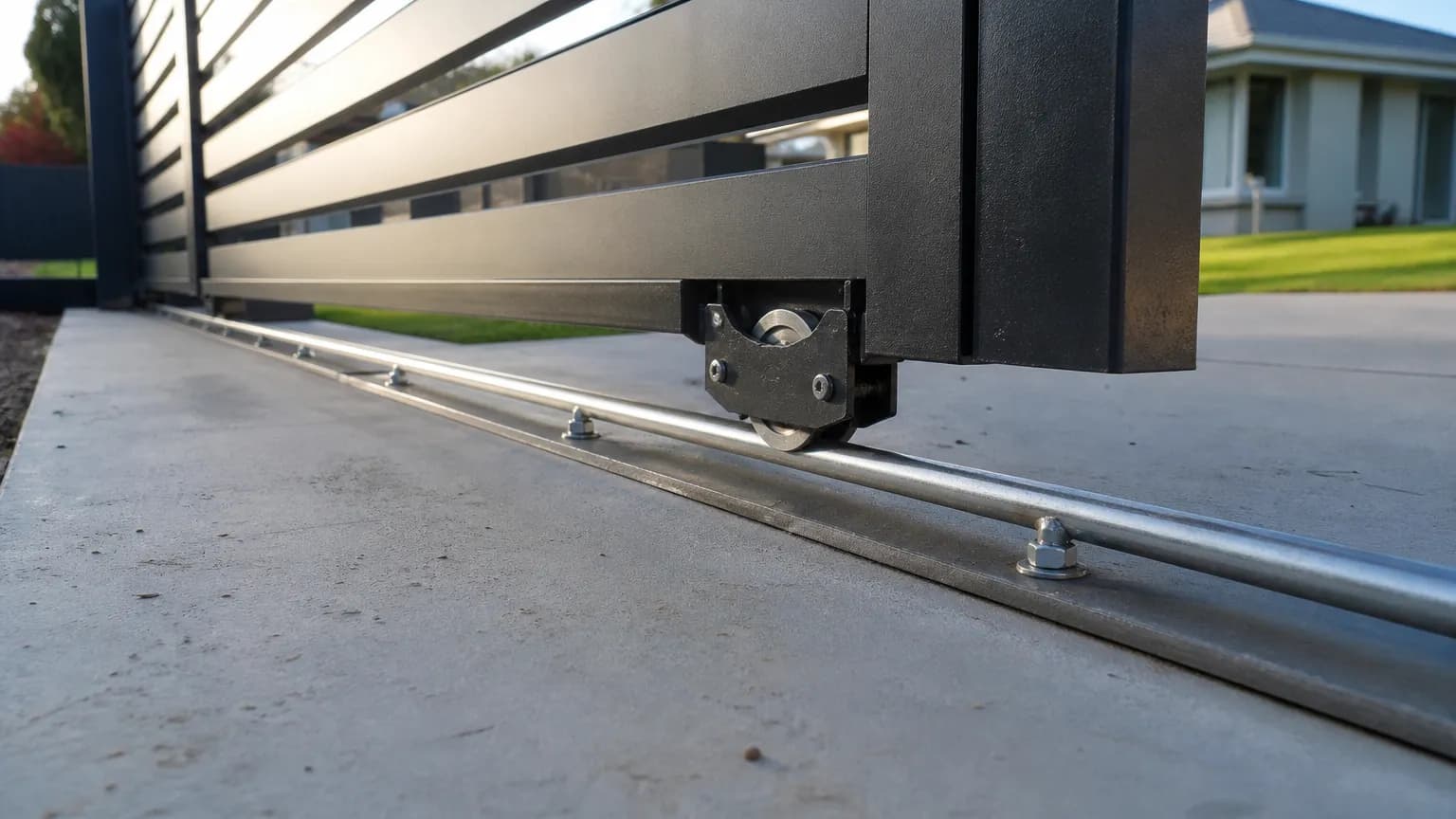 Close view along a galvanised round bar sliding gate track fixed to a concrete driveway, a grooved wheel under a black aluminium gate sitting on it