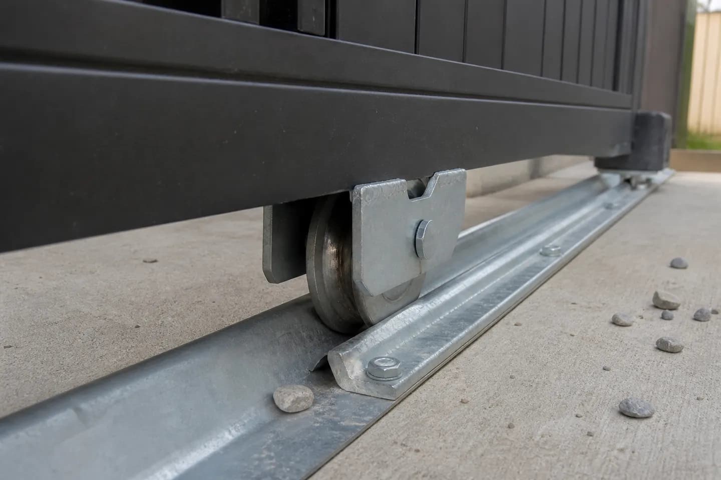 A galvanised inverted V track bolted to a concrete driveway, with a V groove wheel under a black aluminium sliding gate sitting on its point